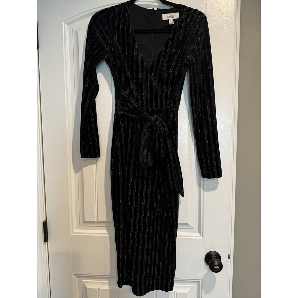 Belle Badgley Mischka Women's Midi Dress, Tie Waist, Velvet Black/silver Striped